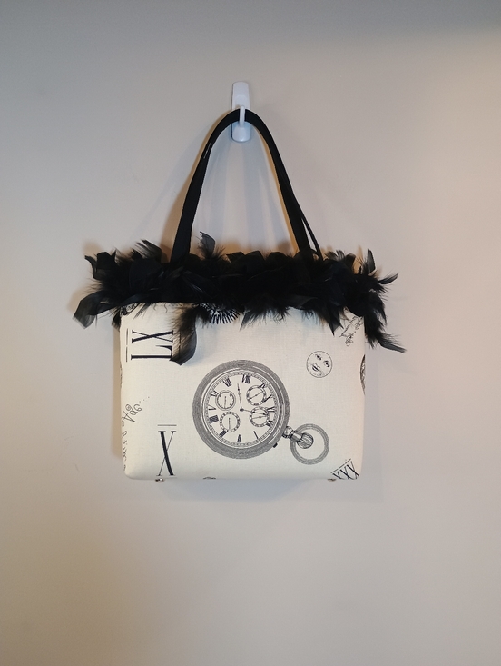 Spencer's Handbags - Steampunk 90's Y2k  Gothic Black & Ivory Feather Trim Tote Bag